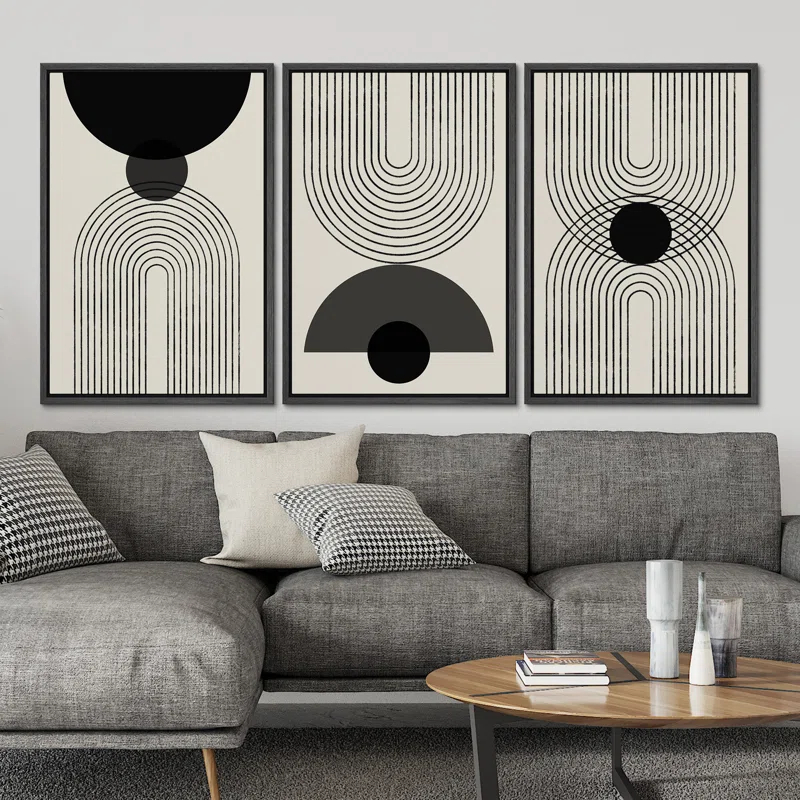 Mid-Century Modern Black And White Minimalist Abstract Home Decor Framed Wall Art Work Canvas Print