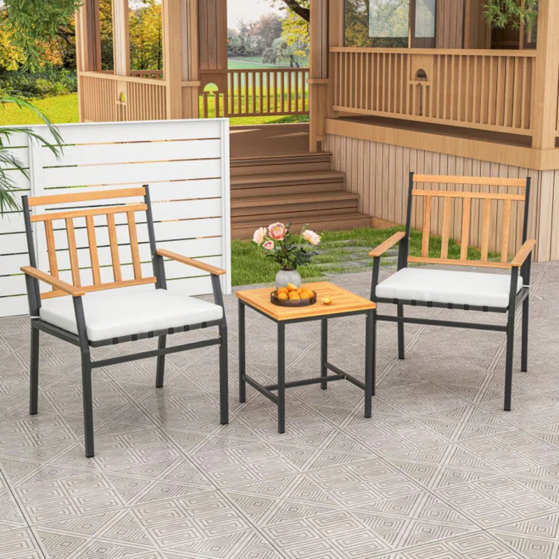 Gracie Oaks 3 Pieces Acacia Wood Bistro Set Patio Conversation Set With Cushions And Coffee Table Outdoor Bistro Table And Chairs Set