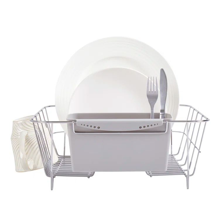Sweet Home Collection Chrome Plated Steel 2-Piece Compact Dish Drainer with Utensil Caddy