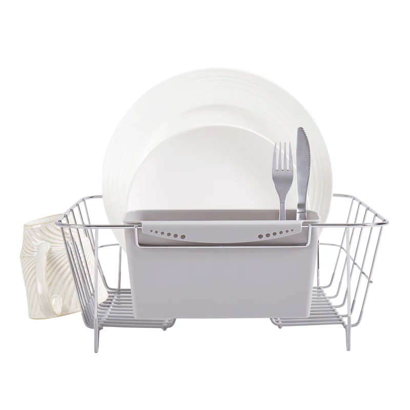 Sweet Home Collection Chrome Plated Steel 2-Piece Compact Dish Drainer with Utensil Caddy