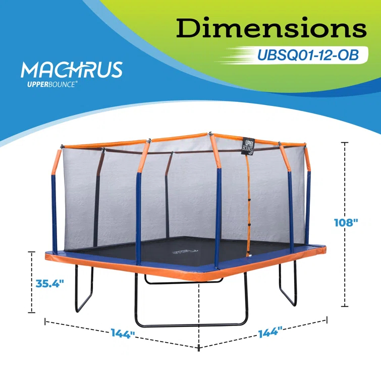 Upper Bounce Machrus Upper Bounce 12 x 12 FT Square Trampoline Set with Premium Top-Ring Enclosure and Safety Pad