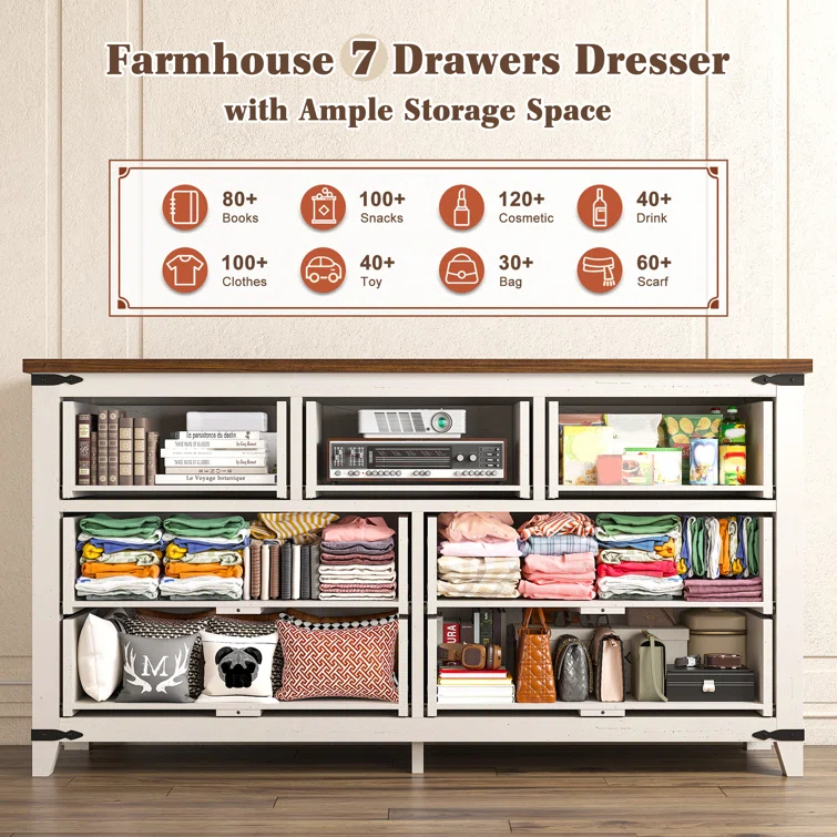 Gracie Oaks Wood Dresser For Bedroom With 7 Drawers, Farmhouse Chest Of Drawers