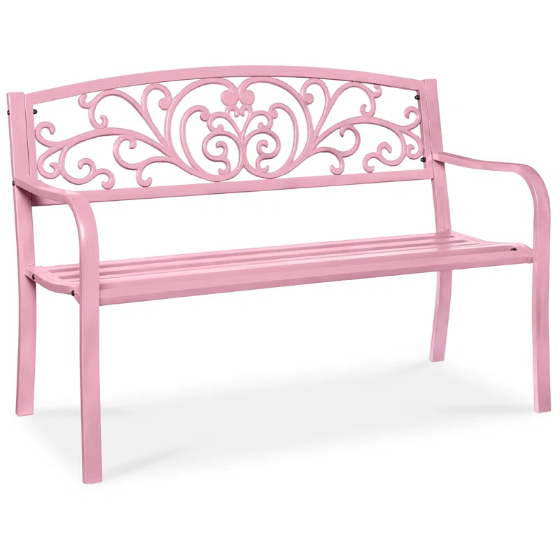 World Menagerie Outdoor Steel Bench with Floral Backrest & Slatted Seat, Marigold for Garden, Patio, Porch, Lawn, and Deck