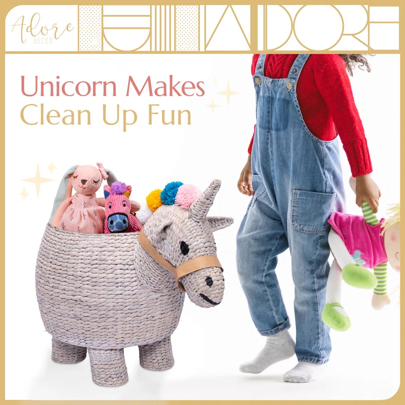 Adore Decor Unicorn Laundry Hamper, Child & Pet Safe Toy Basket or Baby Shower Gift, Light Gray