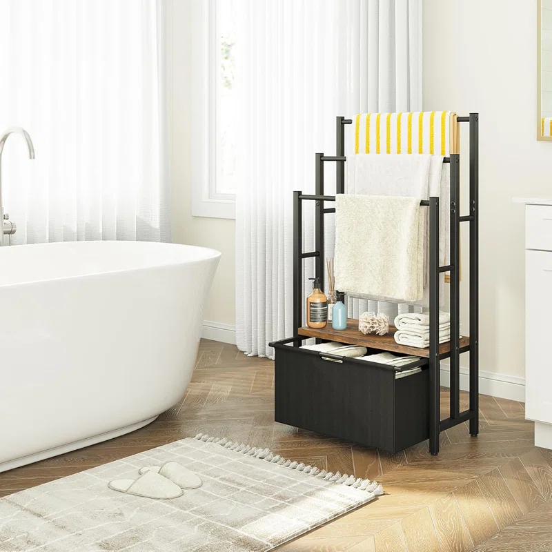 Freestanding Towel Rack With Drawers, SDXYSTCE 3 Tiers Standing Blanket Racks For Bedroom, 23.6" L X 11.8" W X 43.3" H, Blanket Holder With Shelf, Upgrade Steady Design,