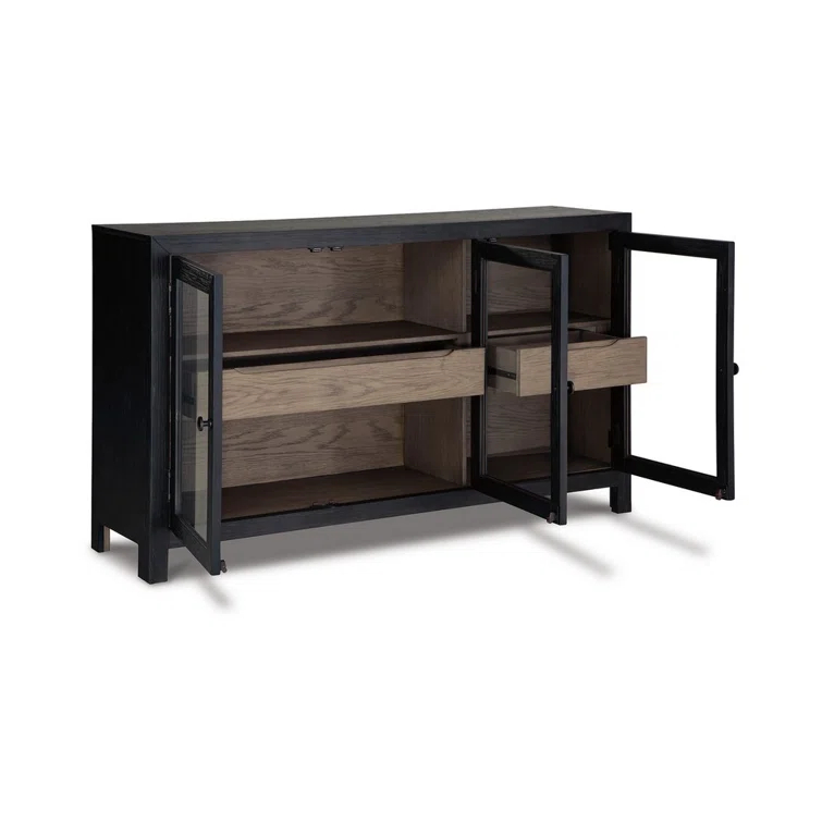 Benjara Liam Sideboard Accent Cabinet, 3 Glass Door