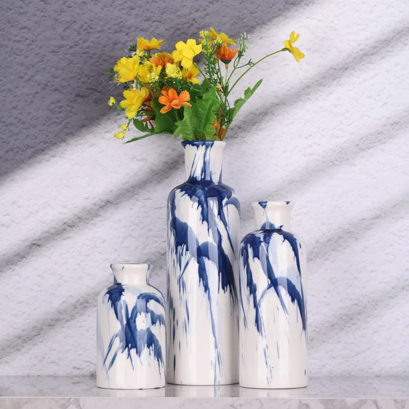 Orren Ellis Blue Ceramic Vase Set Of 3 - Decorative Navy Blue And White Vase For Centerpieces, Farmhouse And Home Decor - Ideal For Living Room, Kitchen, Bedroom, Dining Table And Office Decor
