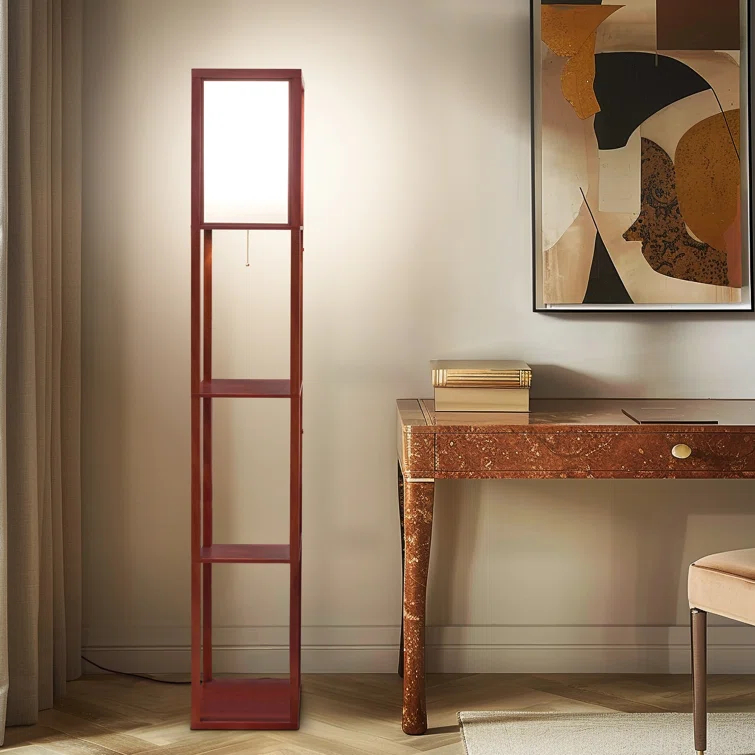 Brightech Maxwell 63" Modern LED Shelf Floor Lamp with Walnut Brown Finish, 3 Tiers, and Fabric Square Shade, Bulb Included