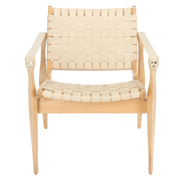 Cherry Mahogany & Woven Leather Safari Accent Chair - White
