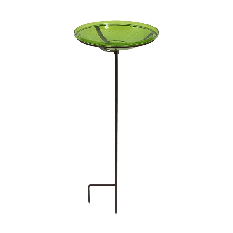 Winston Porter Crackle Glass Birdbath Bowl with Stake, 14-in