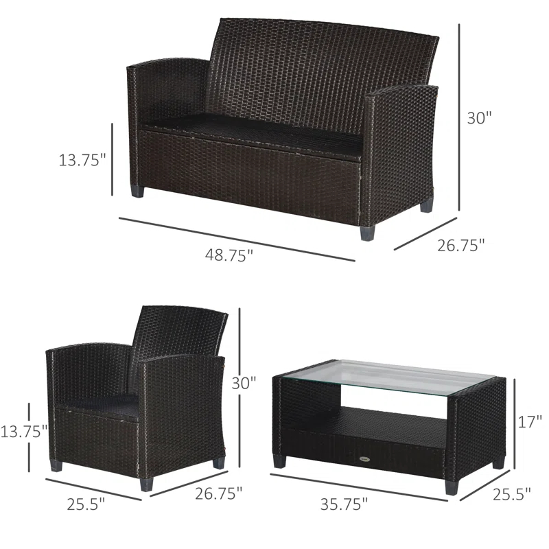 Outsunny 4-Piece Patio Furniture Set, Rattan Wicker Chair W/ Table, Outdoor Conversation Set With Cushion For Backyard, Porch, Or Garden, Blue