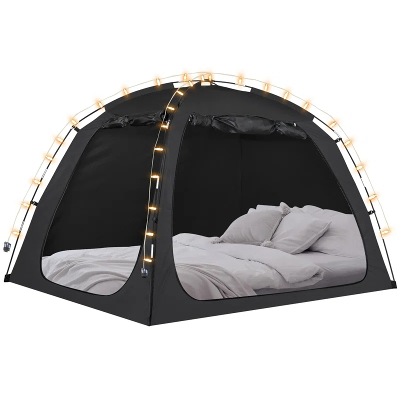 EighteenTek Bed Tent Canopy With Light Strip - Pop Up Privacy Sleeping Tent with 2 Doors, Light Reducing & Breathable Design, Portable Frame, Black