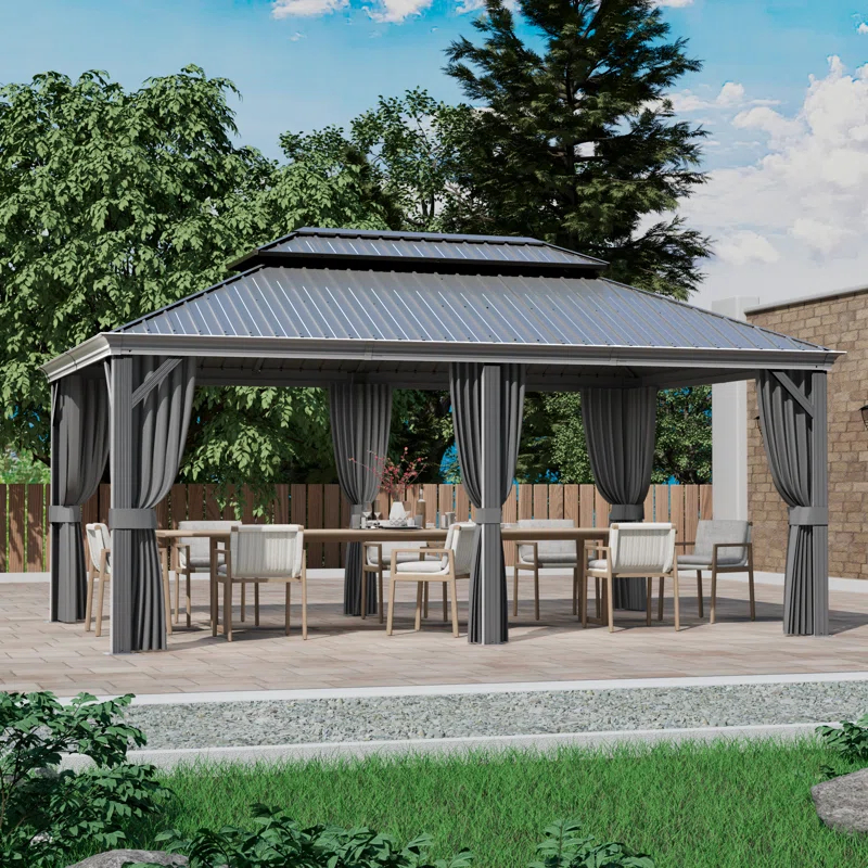 Kozyard Kozyard Alexander Gray Double Roof Hardtop Gazebo with Privacy Curtain Mosquito Netting