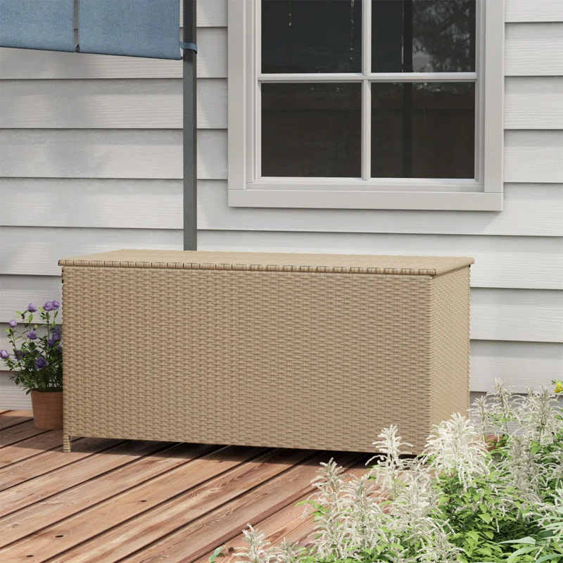 Tryimagine Outsunny 83 Gallon Deck Box, Large Outdoor Storage Chest, PE Wicker Trunk For Outside On Wheels For Garden Tools, Pool Toys & Patio Furniture Cushions