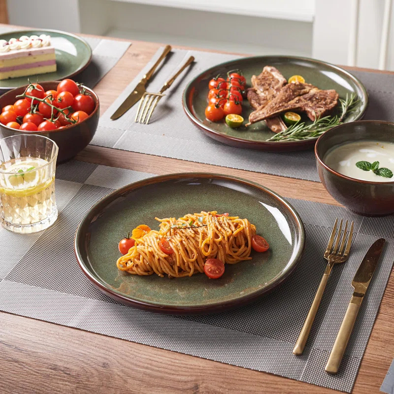Orren Ellis Stoneware Dinnerware Sets Service For 4, 12 Pcs Reactive Glaze Plates And Bowls Sets, Handmade Ceramic Dish Set, Highly Chip And Crack Resistant Modern Plate Set, Sage Green