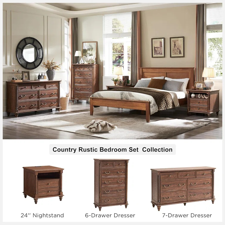 OKD Ojaswi Farmhouse 7 - Drawer Dresser, Wood Rustic Dresser Chest of Drawers with 2 Size Drawers for Bedroom, Living Room