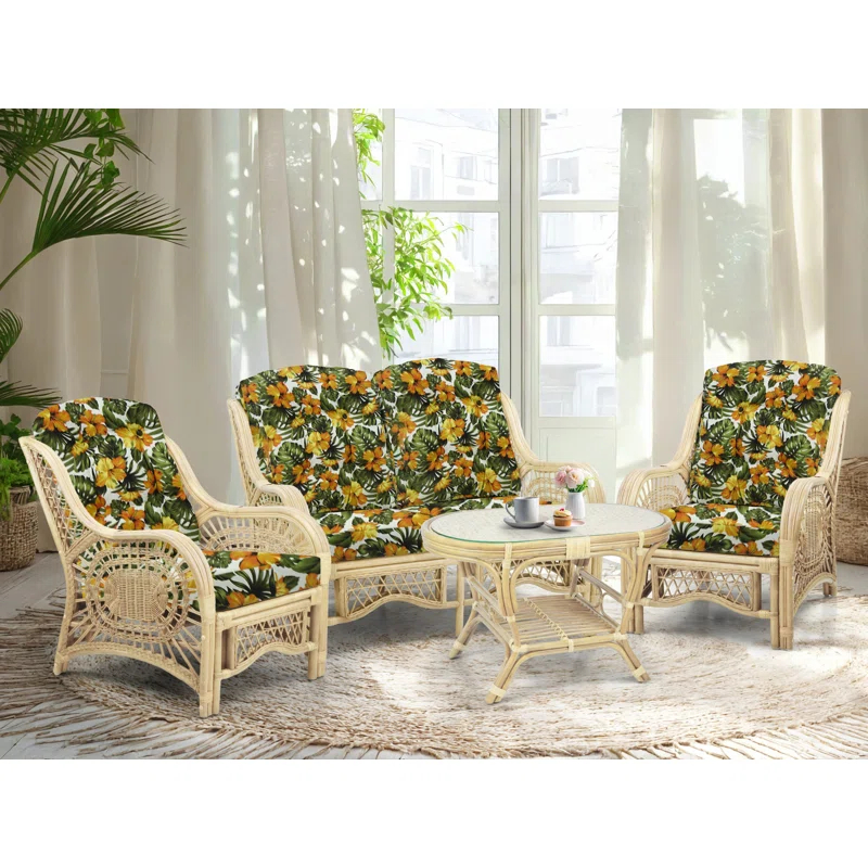 Bay Isle Home™ Malibu Lounge Set Of 4: 2 Natural Rattan Wicker Chairs, Loveseat And Coffee Table W/Glass Handmade, Natural Color