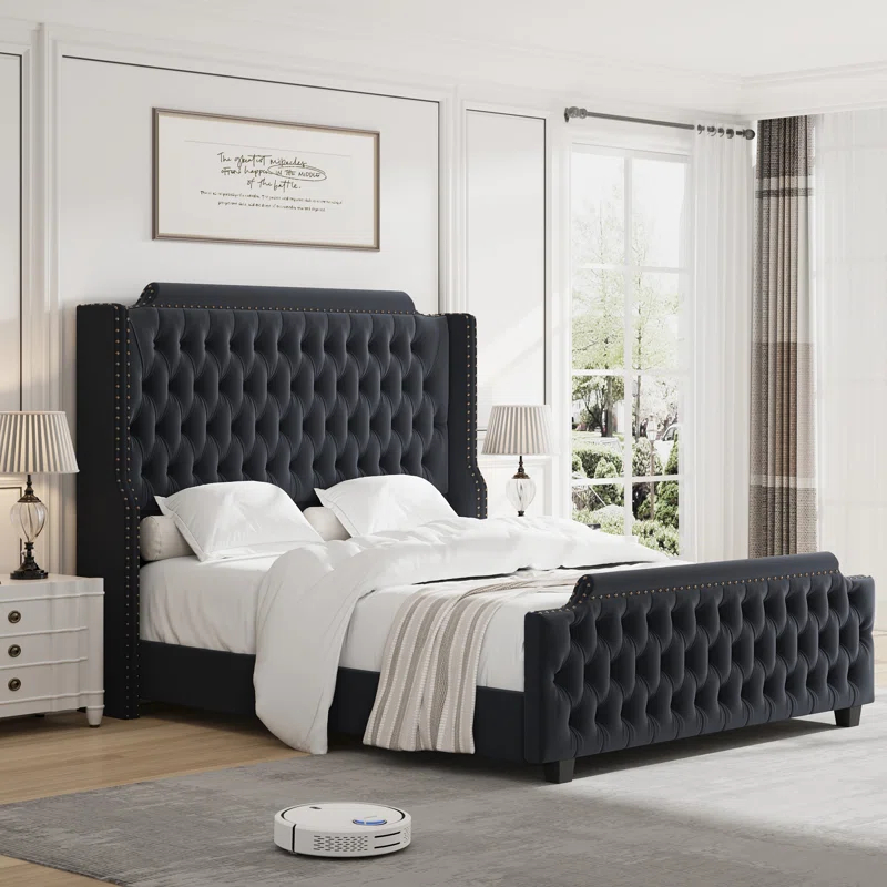 Andover Mills™ Kohlmeier Luxury Upholstered Bed, Tall Tufted Wingback Headboard with Nailhead Trim