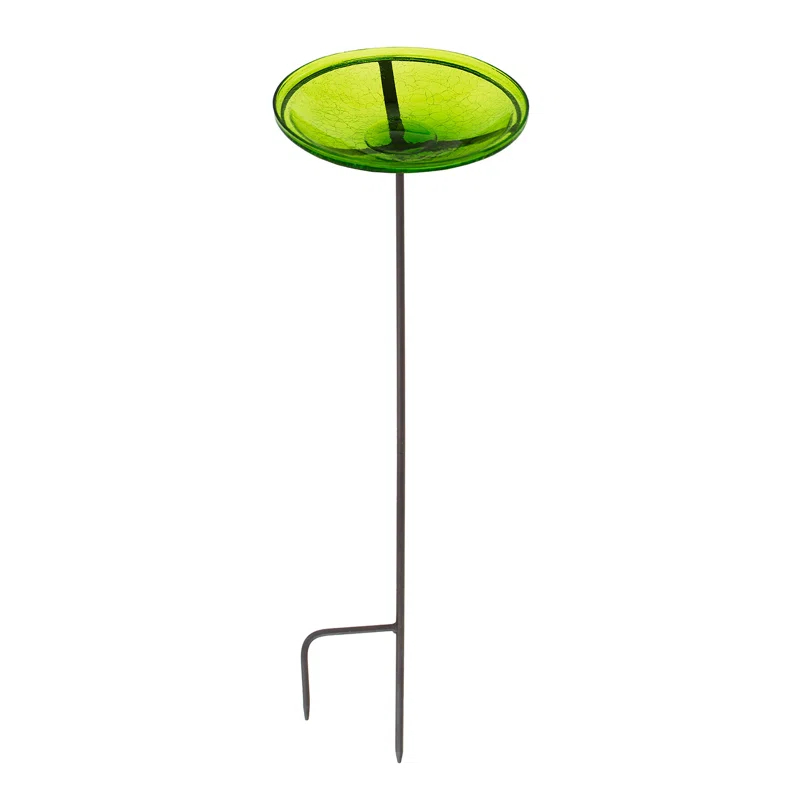 Winston Porter Crackle Glass Birdbath Bowl with Stake, 14-in