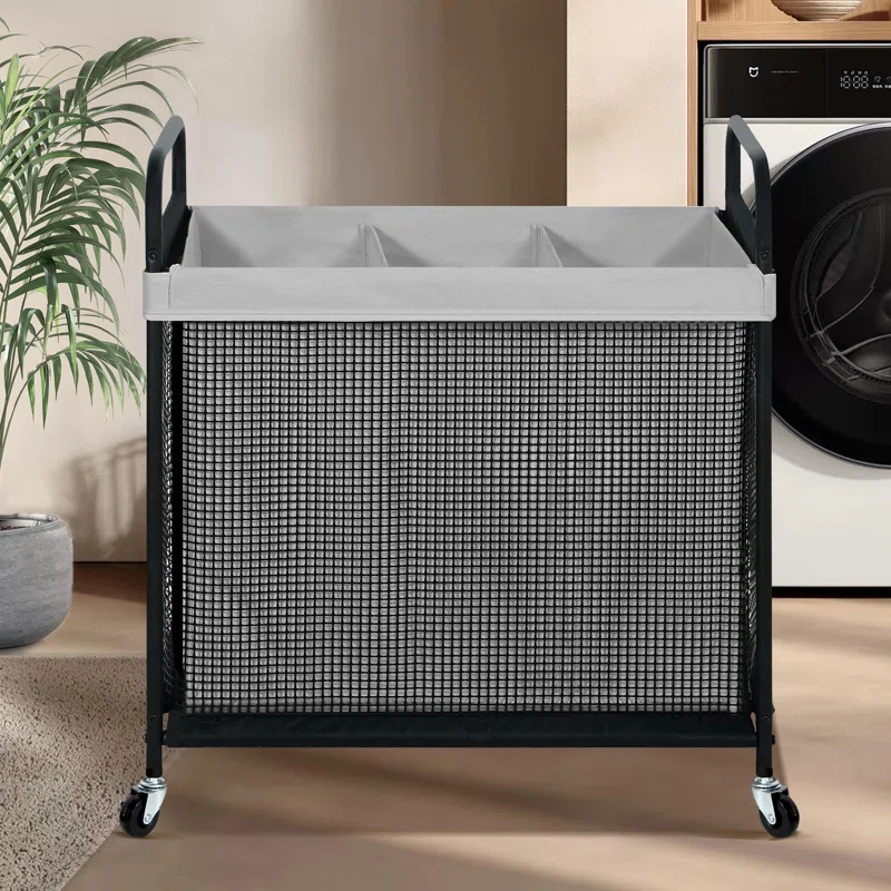 Latitude Run® Laundry Hamper 3 Section, 120L Rolling Laundry Sorter Cart With Removable And Washable Liner Bag, Rolling Clothes Hamper With Metal Handle For Laundry Room And Bedroom,