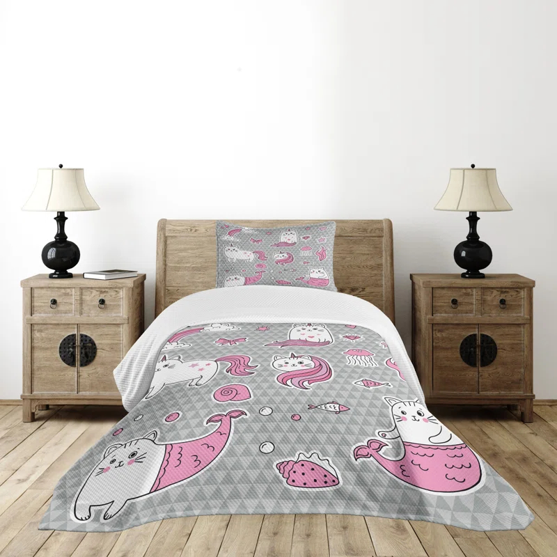 Ambesonne Ambesonne Unicorn Cat Bedspread Set Mermaid Cat Grey Pale Pink White