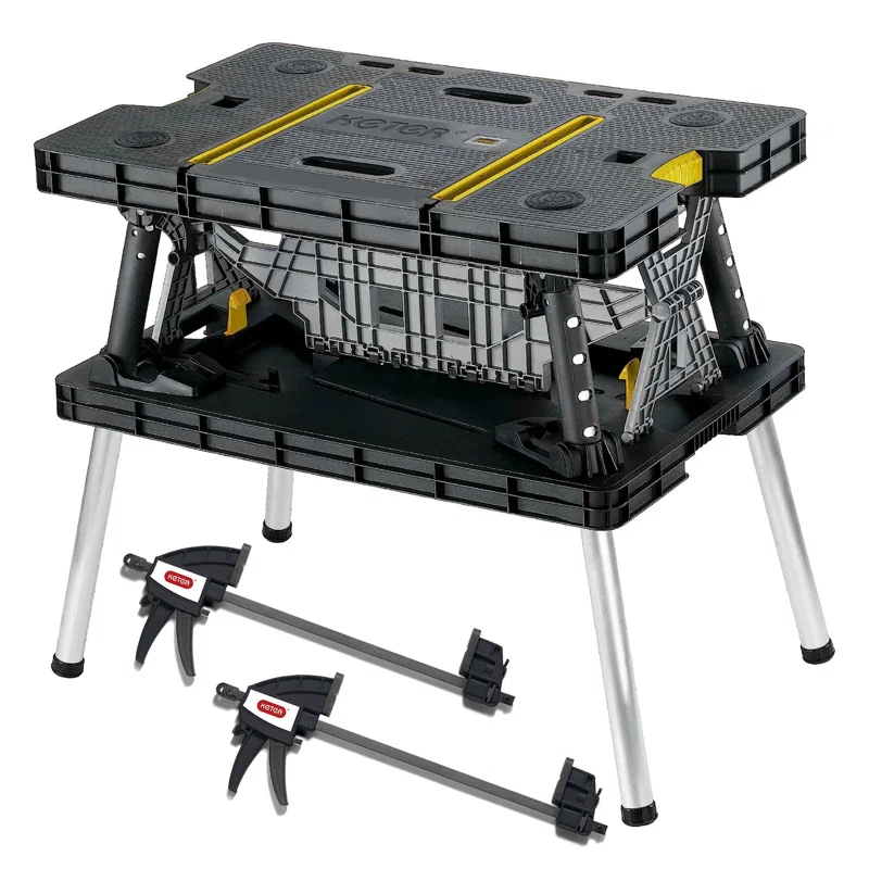 Keter Folding Portable Workbench Sawhorse with (2) 12" Clamps, Black and Yellow