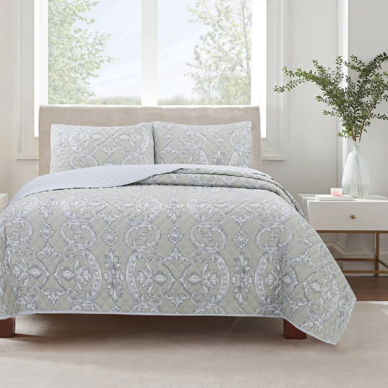 Cozy Line Home Fashion Gray Taupe Floral Majesty Medallion Geometric Shapes Quilt Set