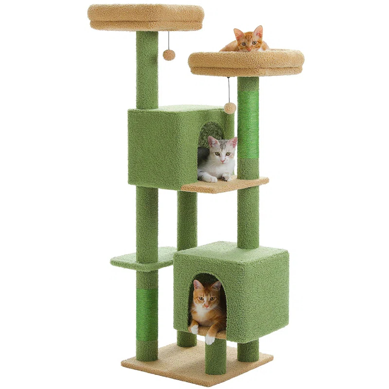 52.4" Cute Cat Tree Tower With 2 Flower Padded Perches, 2 Condos & 2 Scratching Posts
