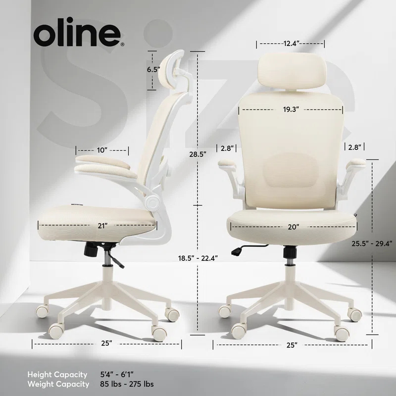 Oline Oline ErgoAir Ergonomic Office Chair – Adjustable Lumbar Support, Flip-Up Armrests, Mesh Computer Desk Chair, Swivel Rolling Executive Gaming Chair for Home & Office