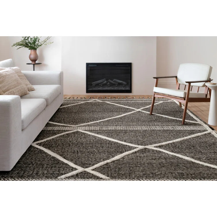 Hand-Knotted Black and Beige Wool Geometric Area Rug Sample