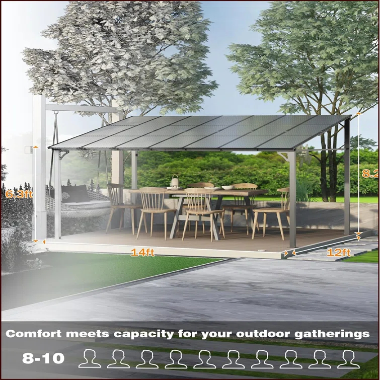 babevy 12' X 14' Lean To Gazebo, Hardtop Wall Pergola With Polycarbonate Roof, Aluminum Frame Mounted Gazebo For Lawn Patio Deck Yard And Party