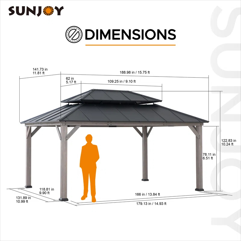 Sunjoy 12x16 ft. Wood Gazebo, Outdoor Patio Steel Hardtop Gazebo, Cedar Framed Wooden Gazebo with 2-tier Metal Roof