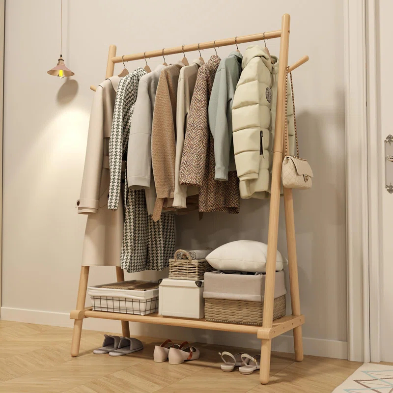 Rebrilliant Solid Wood Clothes Rack, Clothing Rack With Shelf And Hook, Sturdy And Portable, Garment Rack For Hanging Clothes,Coats,Skirts,Shoes,Bags,Easy To Assemble (Natural)
