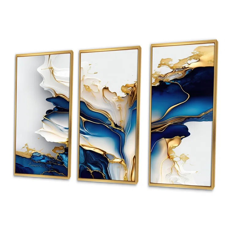 Design Art Abstract Geode Gold And Blue Marble Shape III - modern 3 Piece Print on Canvas
