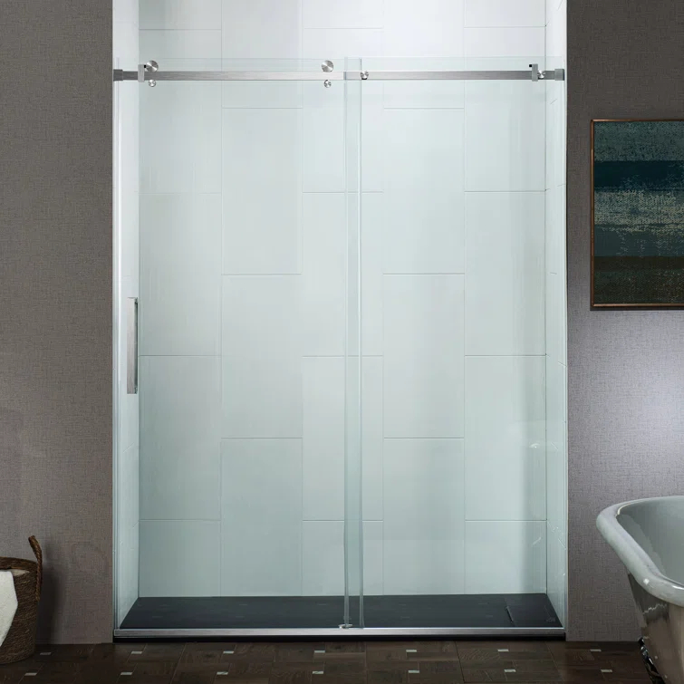 WoodBridge Semi-Frameless Single Sliding Shower Doors, 56-60" W X 76" H With 5/16" Clear Tempered Glass And Explosion-Proof Film MSDF6076-B