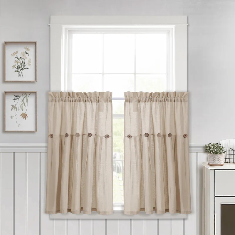 Lush Decor Linen Button Cotton Blend Tailored 29'' W Cafe Curtain (Set of 2)