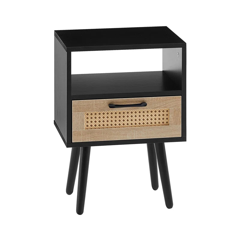 Corrigan Studio® 15.75 Rattan End Table Drawer Solid Wood Legs Modern Nightstand Side Table Living Room Bedroom Black