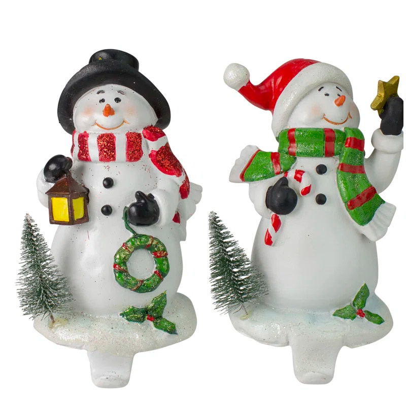 Set Of 2 Glitter Dusted Snowman Christmas Stocking Holders 7.25"