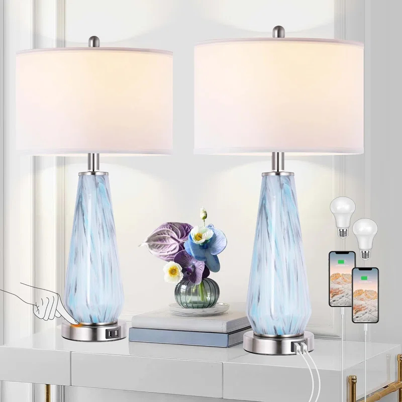 Brayden Studio® Modern Table Lamp Set Of 2 Touch Control, 27" Tall Faded Swirl Blue Gray Art Glass Bedside Lamp With USB Ports, 3-Way Dimmable Hand Crafted Nightstand Lamps White Drum Shade For Living Room, Bedroom