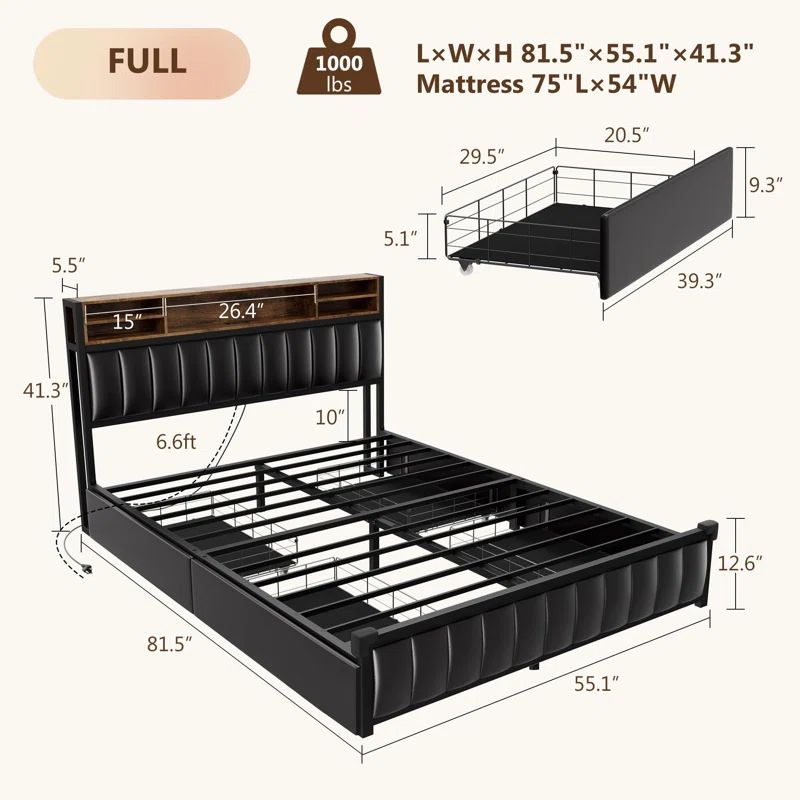 Kanchi Upholstered Metal Platform LED Bed Frame with 4 Storage Drawers and Bookcase Headboard, Black