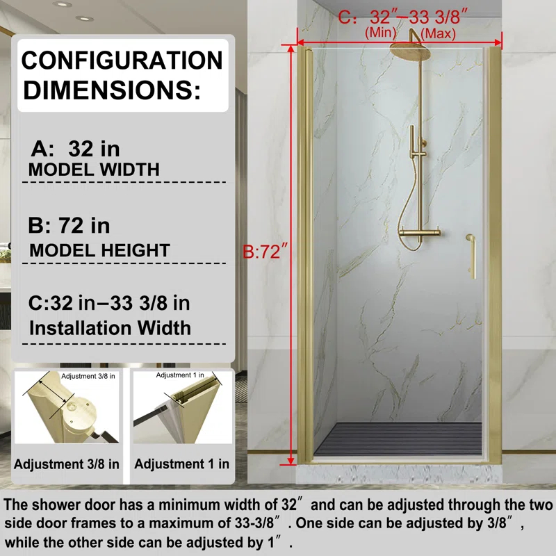 32-33.5 in. W x 72 in. H Pivot Swing Frameless Shower Door with Clear SGCC Tempered Glass