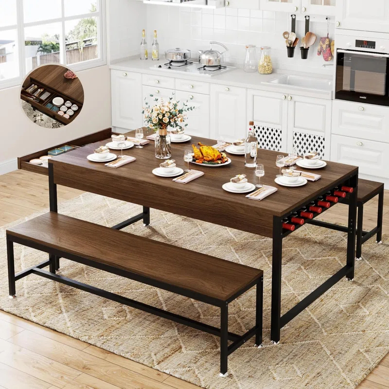17 Stories Zubie 63"Dining Table Set for 4-6, 3-Piece Kitchen Table with 2 Utensil Drawers,2 Benches&Wine Rack