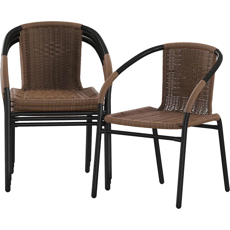 ZILNOX Modern Rattan Indoor/Outdoor Stackable Dining Chairs, Alloy Steel Stacking Rattan Bistro Chairs for Restaurant, Set of 4, Brown