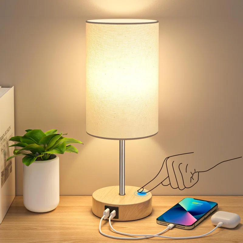 Ebern Designs Table Lamp For Bedroom, 3 Way Dimmable Touch Lamp With Dual Charging Station, Small Bedside Lamps For Night Stands, Living Room, Office(LED Bulb Included)