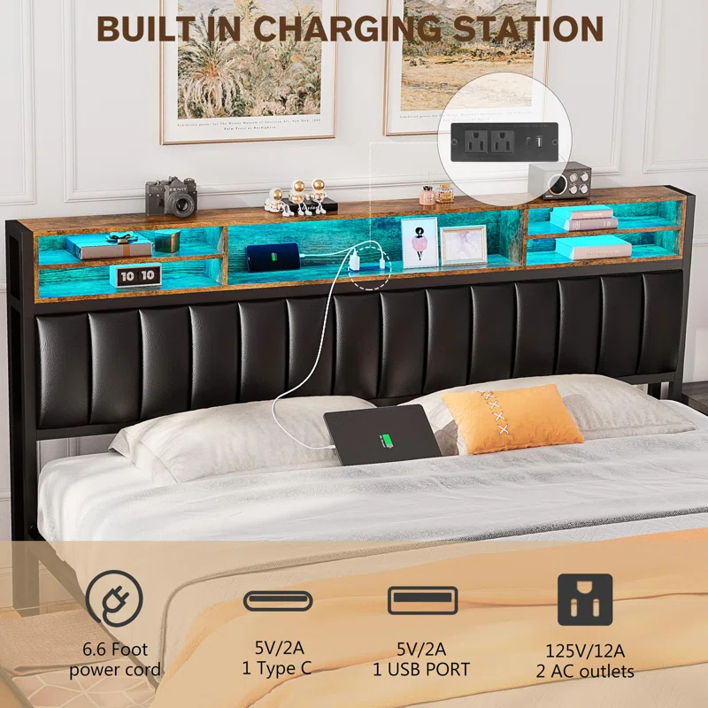Kanchi Upholstered Metal Platform LED Bed Frame with 4 Storage Drawers and Bookcase Headboard, Black