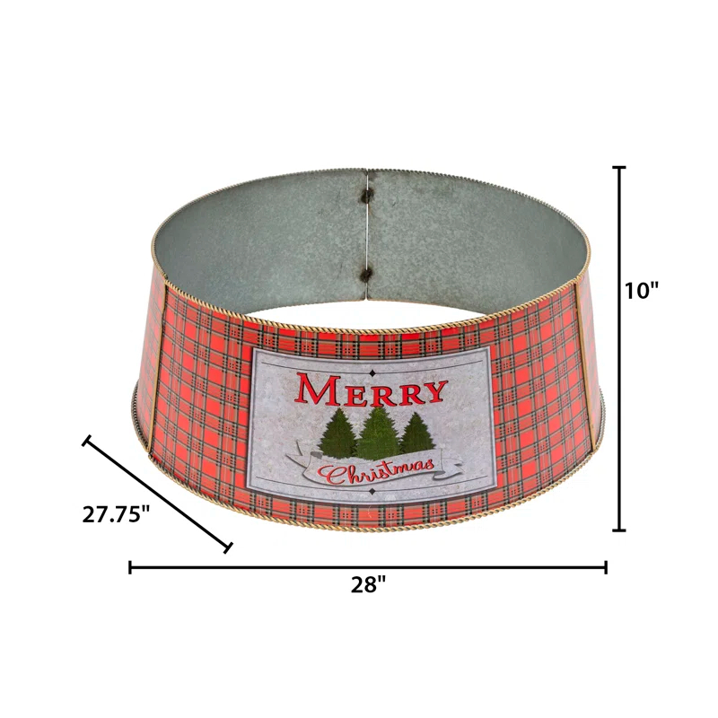 Gerson International Galvanized Metal Merry Christmas Buffalo Plaid Tree Collar