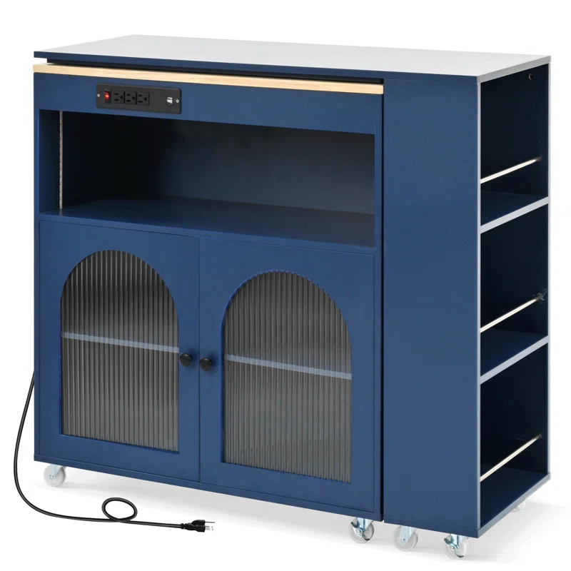 Winston Porter Rolling Kitchen Island With Extended Table, Kitchen Island On Wheels With LED Lights,Power Outlets And 2 Fluted Glass Doors, Kitchen Island With A Storage Compartment And Side 3 Open Shelves