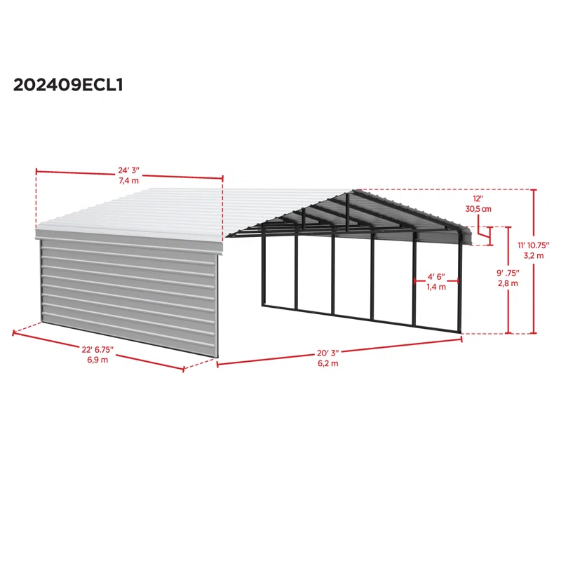 Arrow 24 x 20 ft Charcoal Carport with 1-sided Enclosure