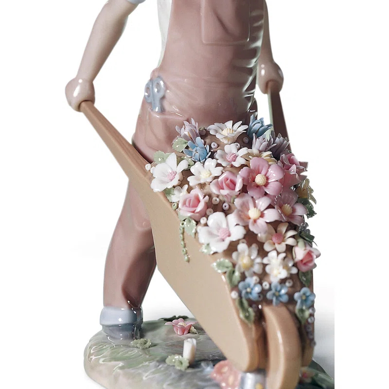 Lladro Wheelbarrow with Flowers Boy Figurine