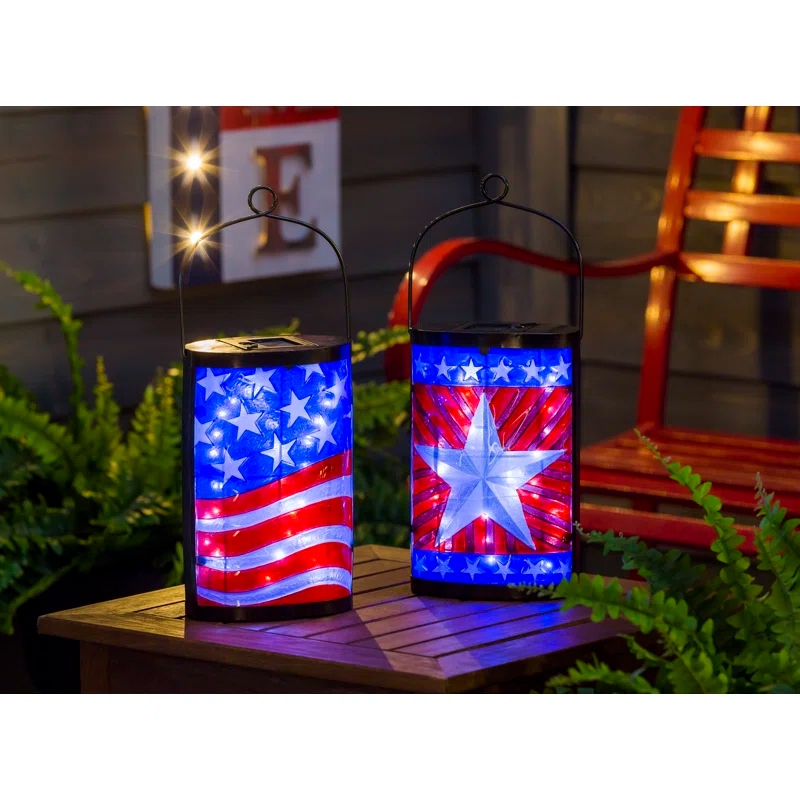 Evergreen Enterprises, Inc 9.3" Red, White and Blue Solar Powered Patriotic LED Outdoor Lantern
